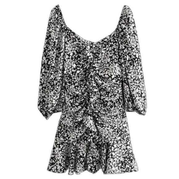 Zara Ruffle Viscose Ruched Mini Puff Sleeves Fit Flare Retro 70's Floral Dress - Picture 1 of 9